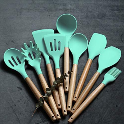 Kitchen Cooking Utensils Set, 24 pcs Non-stick Silicone Cooking Kitchen Utensils Spatula Set with Holder, Wooden Handle Heat Resistant Silicone Kitchen Gadgets Utensil Set (Green)