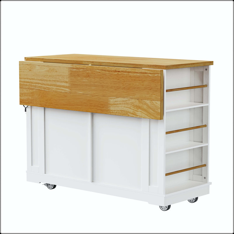 48" Kitchen Island with Drop Leaf, Internal Door Racks, and Power Outlet – White (Stools Not Included), White