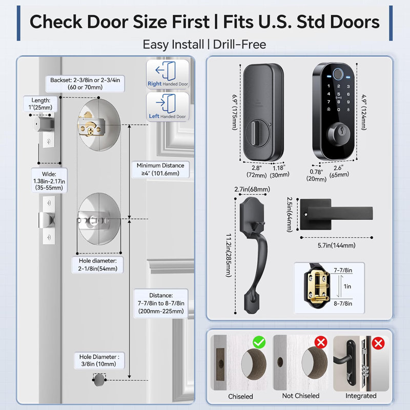 DL08H 7-in-1 Fingerprint Smart Door Lock for Front Door with Handle App Control, Remote Access Sharing, Touchscreen Keypad Deadbolt, Auto‑Lock, 5 Keys & 2 Fobs, USB‑C Port, ANSI 3 Security
