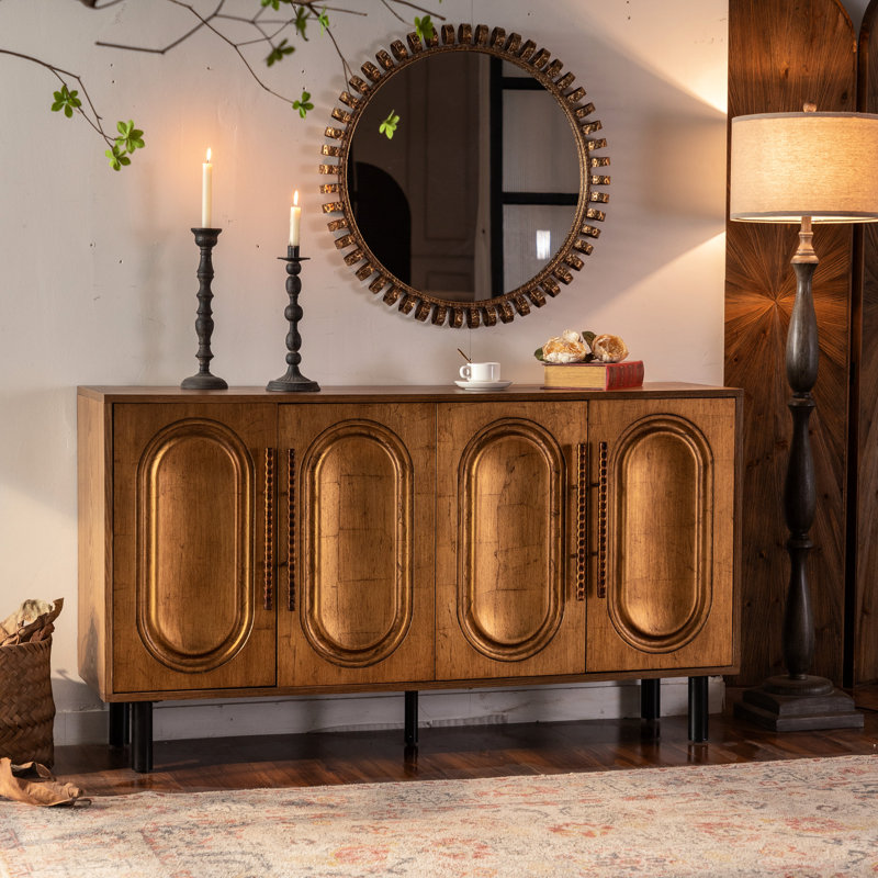 Buffet moderne à 4 portes pour la salle à manger et la chambre à coucher, sans poignée, tablette réglable, pieds stables, usage multiple dans la maison Buffet Living, conception sans poignée, pieds