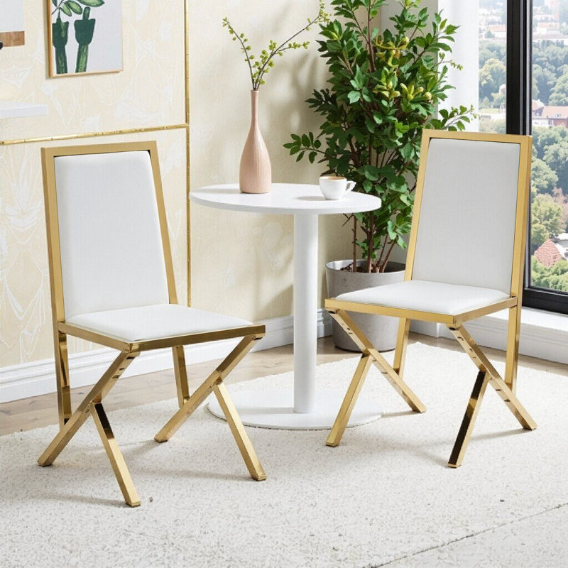 Ensemble de 2 chaises de salle à manger ergonomiques en métal doré avec dossier en polyuréthane, Blanc et or