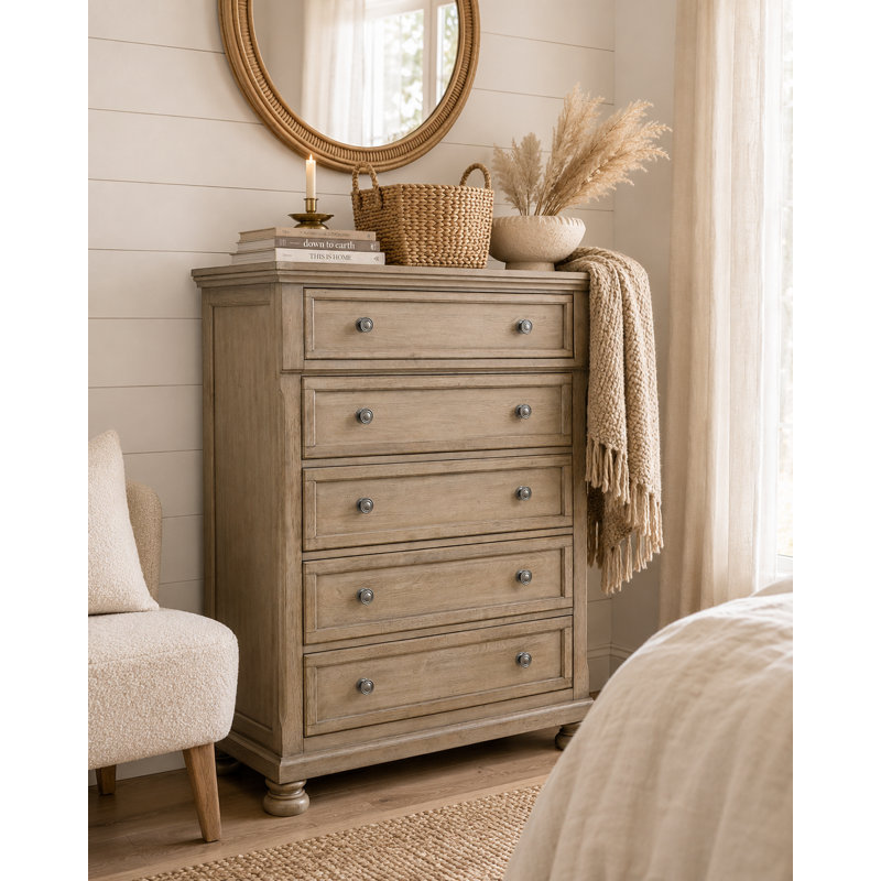 Commode 5 tiroirs Alek, Fil métallique / blanc brossé