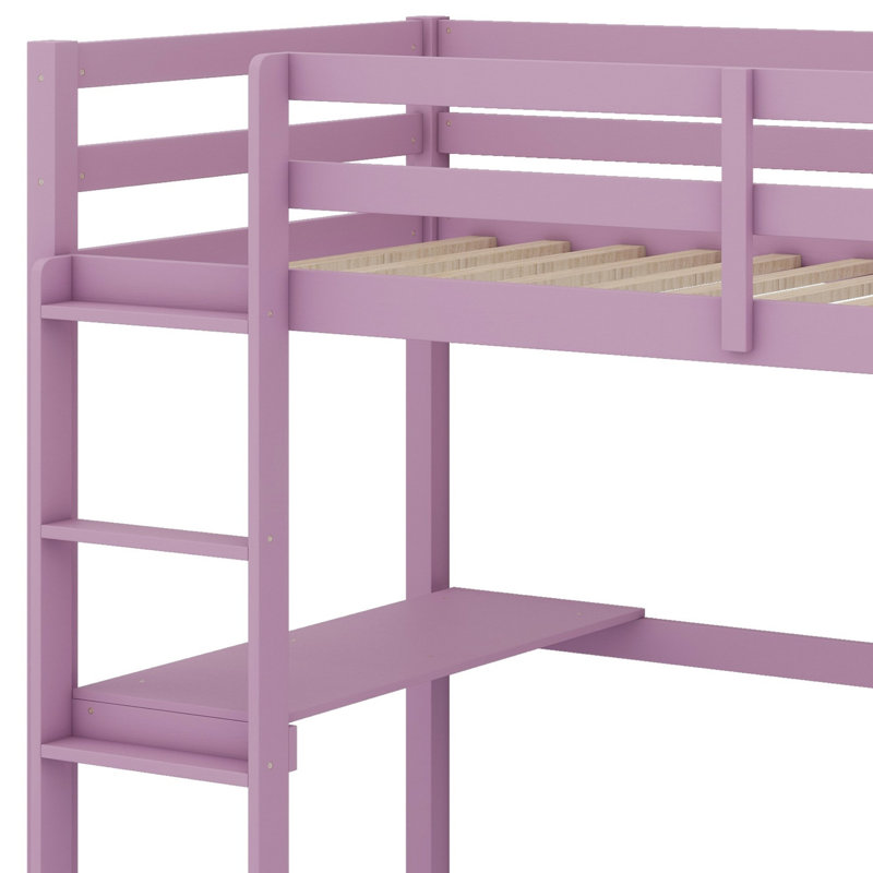 Lit mezzanine haute en bois, avec barrière de sécurité, bureau intégré, échelle, Rose