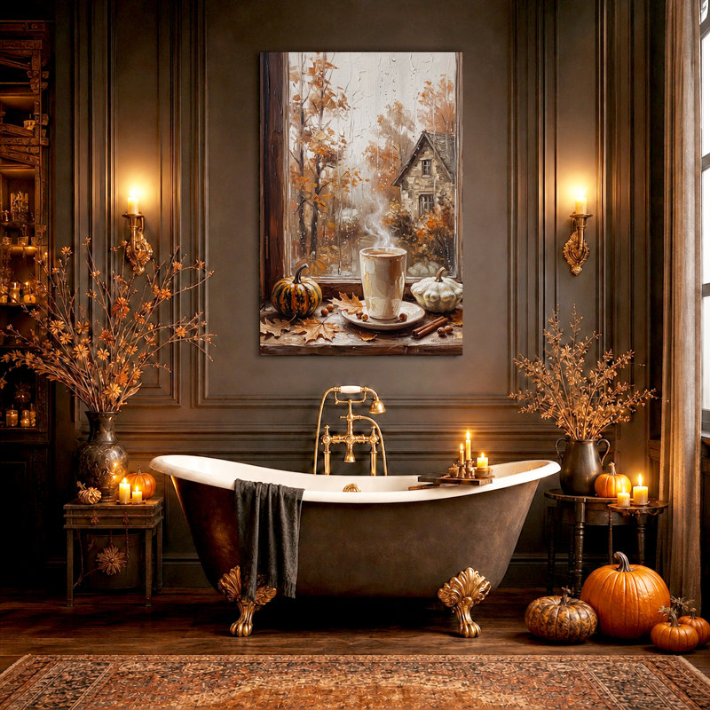 «Steaming Coffee Cup and Pumpkins on Rainy Window», art mural sur toile, 48"H x 32"W