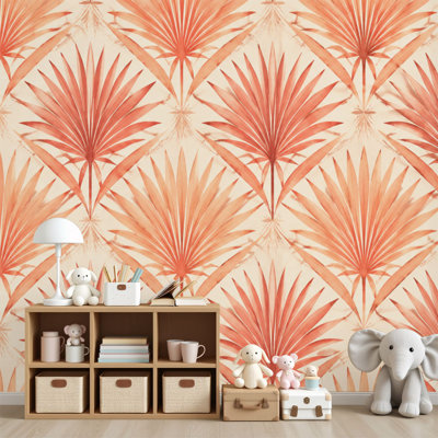 Décoration murale auto-adhésive Peel and Stick pour bureau à domicile - Ventilateur géométrique Art déco, tons de corail pêche, H 69 po x l 96 po