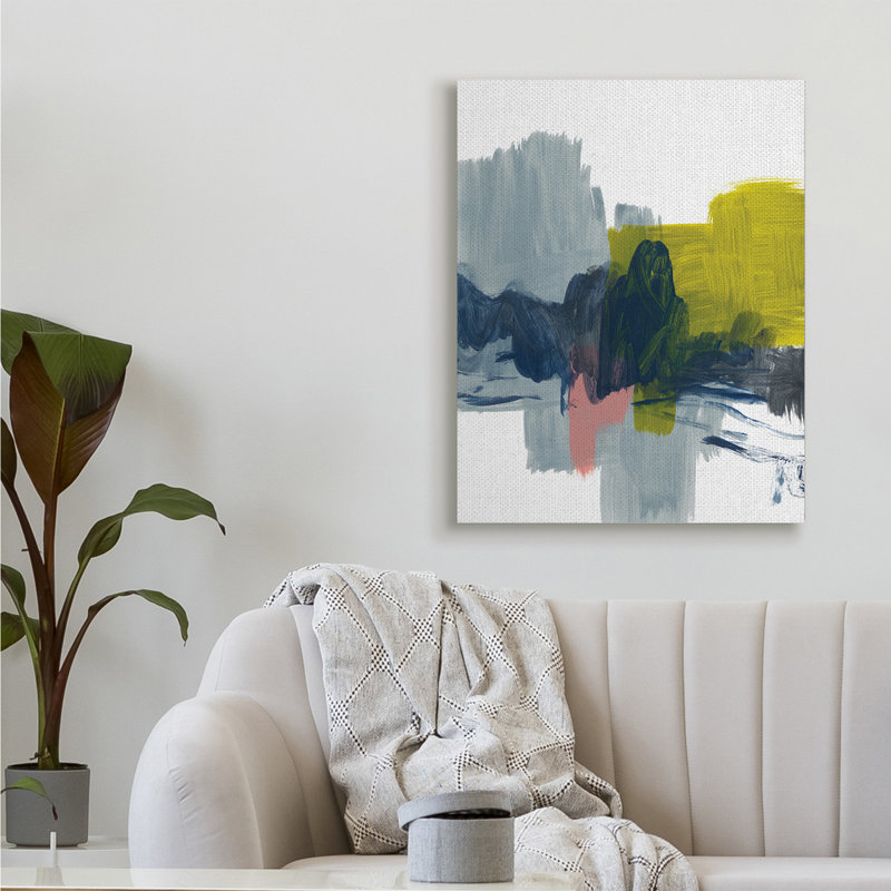 Vif abstrait coups de pinceau bleu gris jaune par Bronwyn Baker - Peinture, H 40 po x l 30 po, Toile tendue