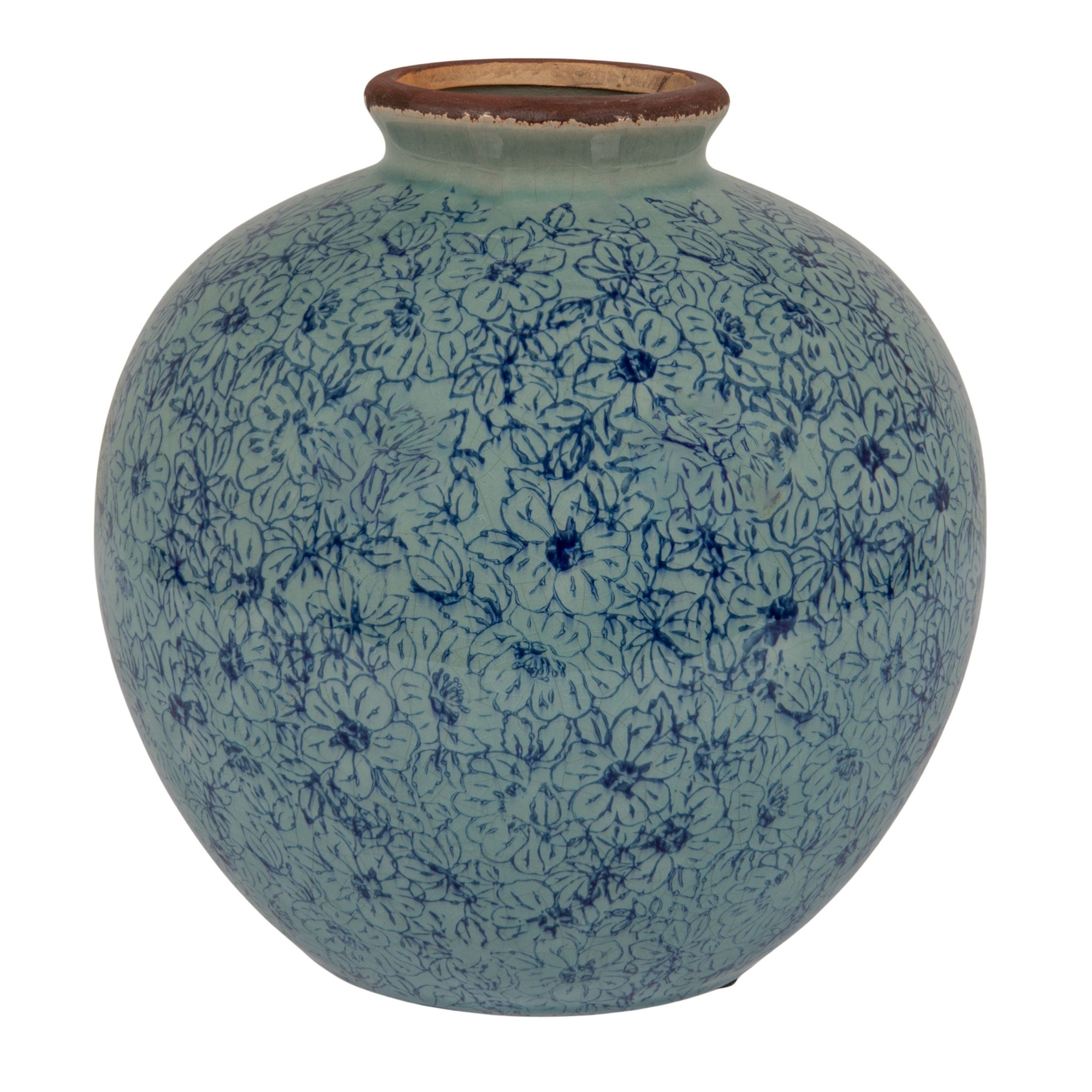 Dolohov Round Terracotta Vase with Transferware Pattern, Blue