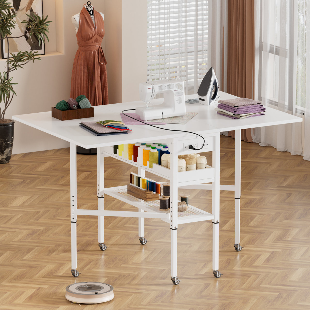 HTOCINQ Height Adjustable Foldable Craft Table With Wheels,sewing ...