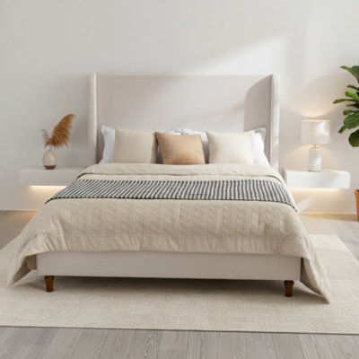 Tall Headboard Upholstered Bed / 54" High Headboard / Elegant Simplicity  / No Box Spring Needed / Easy Assembly / Queen / Textured Ivory Canvas