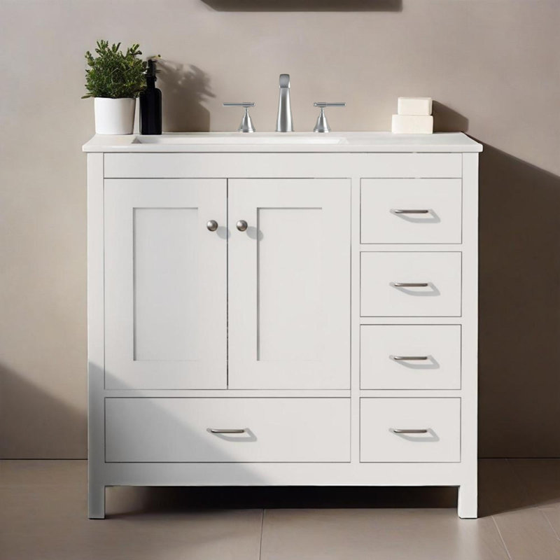 Meuble-lavabo 36 po avec lavabo en céramique, armoire de rangement abondante, 2 portes à fermeture en douceur et 5 tiroirs