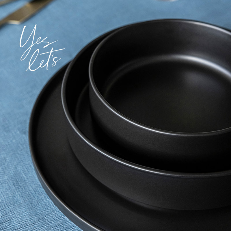 Service de table en grès semi-fini empilable 16 pièces, Noir