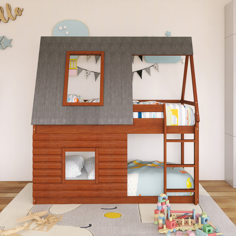 Lit superposé simple au-dessus de simple avec cadre en bois avec toit, échelle et 2 fenêtres