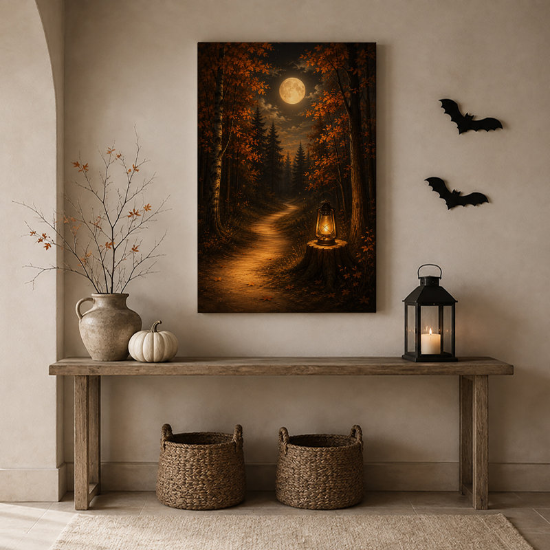 Art mural sur toile Halloween au clair de lune avec lanterne sur souche, 24"H x 16"W