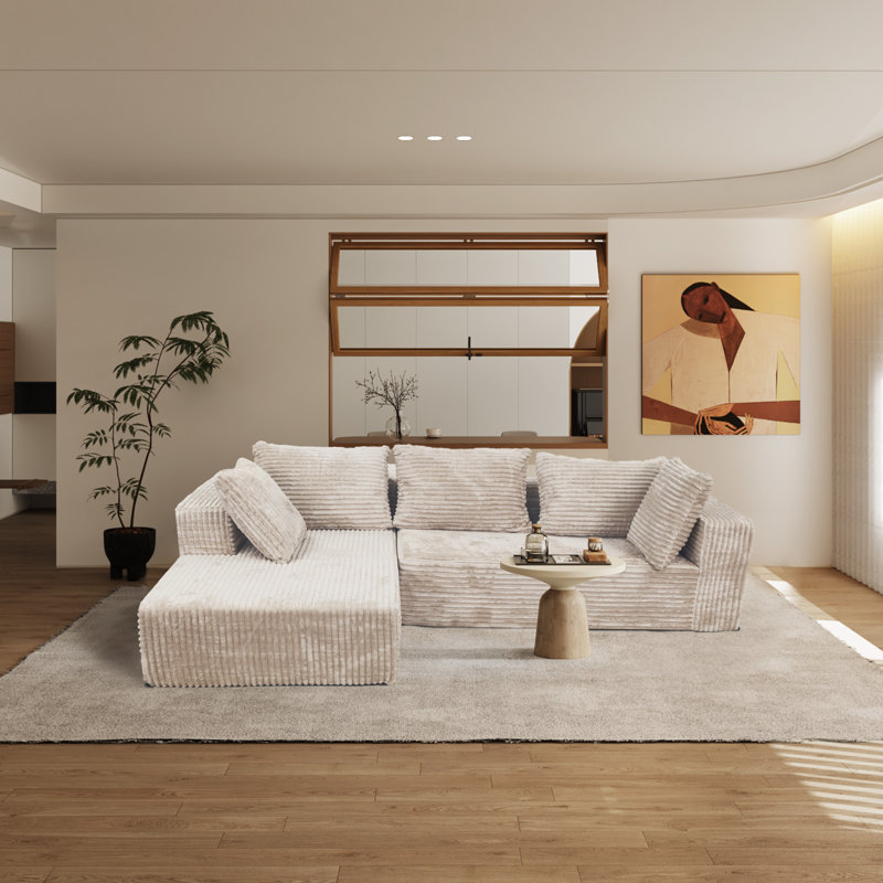Canapé modulaire Cloud avec méridienne en forme de L, 3 sièges beiges revêtus pour le salon, conception américaine, siège mi-ferme, teinté, canapé modulaire standard 100 By®, mousse Us®, sans assemblage