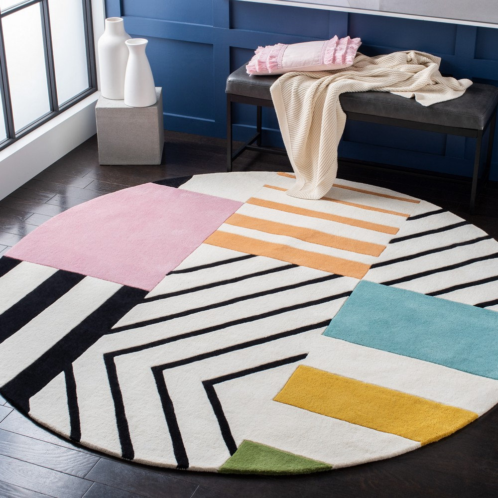 Tripoli Ivory Black Pink Hand-Tufted Geometric Rug, Round 7'