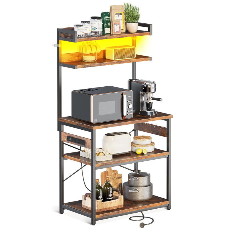 Microwave Shelf Stand With Power Outlet & LED Lights, Kitchen Storage Rack With 5 Shelves And 6 Hooks, Baker's Rack With Steel Frame, Industrial Coffee Bar