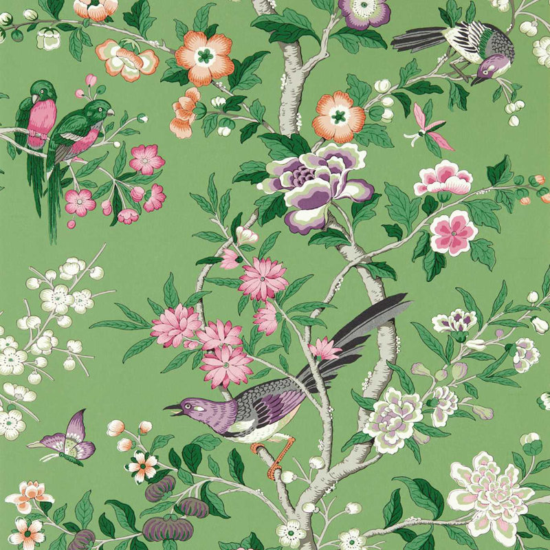 Chinoiserie Hall Wallpaper, Chinese Green/Lotus Pink