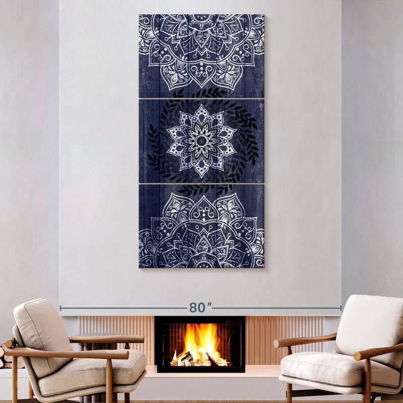 Mandalas sur fond bleu rustique, H 80 po x l 39 po