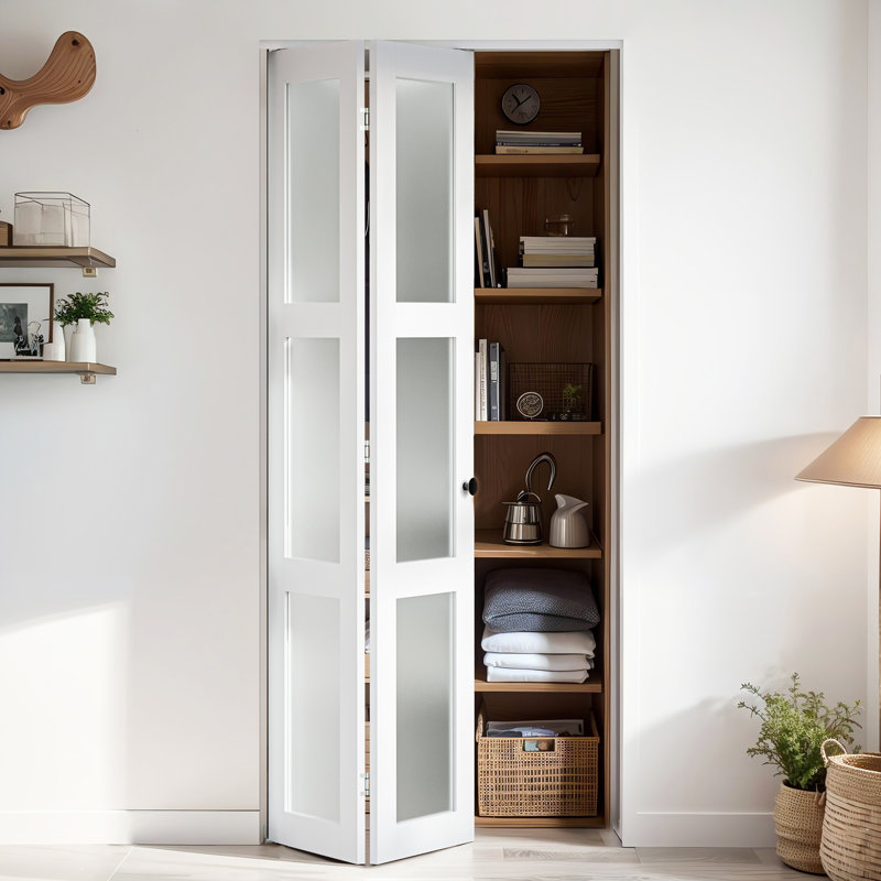 Ensemble de portes pliantes en verre manufacturé 3 pièces en verre givré et en bois massif avec quincaillerie, 30 po x 80 po