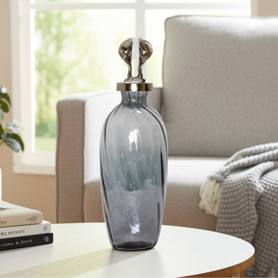 Vase en verre décoratif avec couvercle en aluminium pour décoration intérieure - Grand vase de table avec base en acrylique pour la présentation du salon - Gris et argent