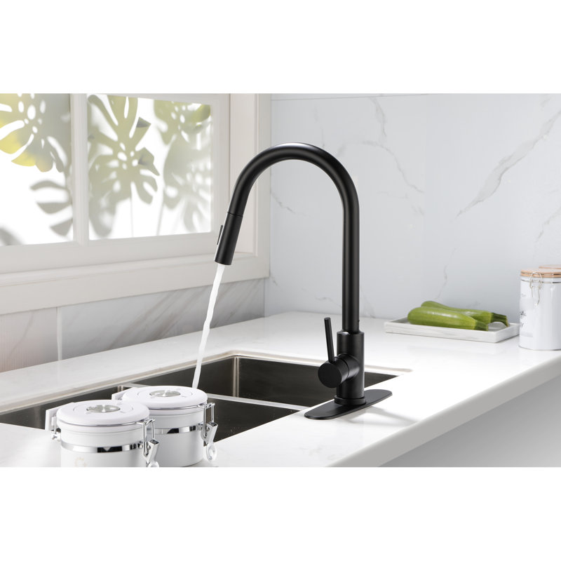 Robinet de cuisine rétractable - Acier inoxydable noir mat, buse pivotante à 360 °, corrosion et rouille, poignée simple pour la régulation de la température et du débit de l'eau avec traitement antirouille rotatif, pratique