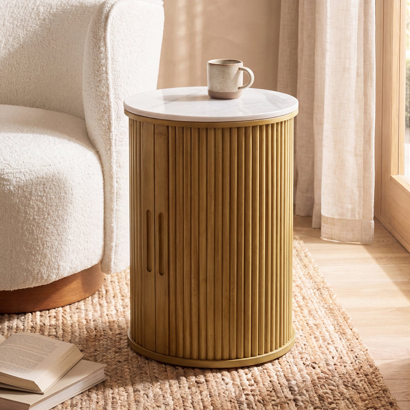 Table de bout ronde cannelée avec rangement et tablette intérieure réglable, Jaune