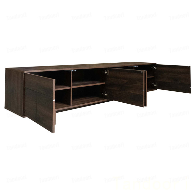 Meuble télé moderne pour téléviseur de 85 po ou moins, centre de divertissement avec pieds en bois massif, système de gestion des câbles, ouvre-boutons, charnières à fermeture douce et tablettes réglables