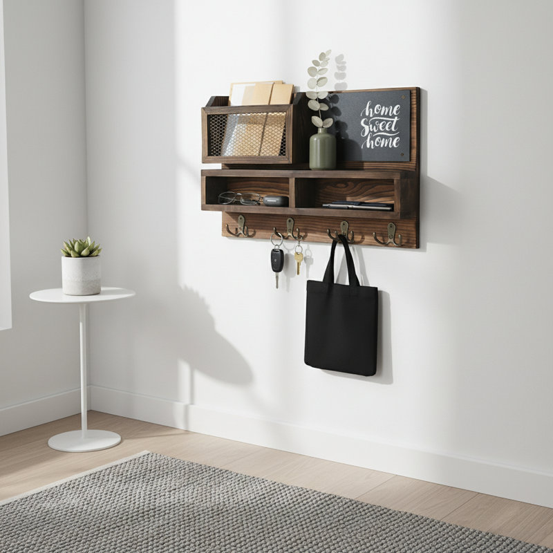 Key Holder with Floating Shelf, Wall Organizer with 4 Hooks