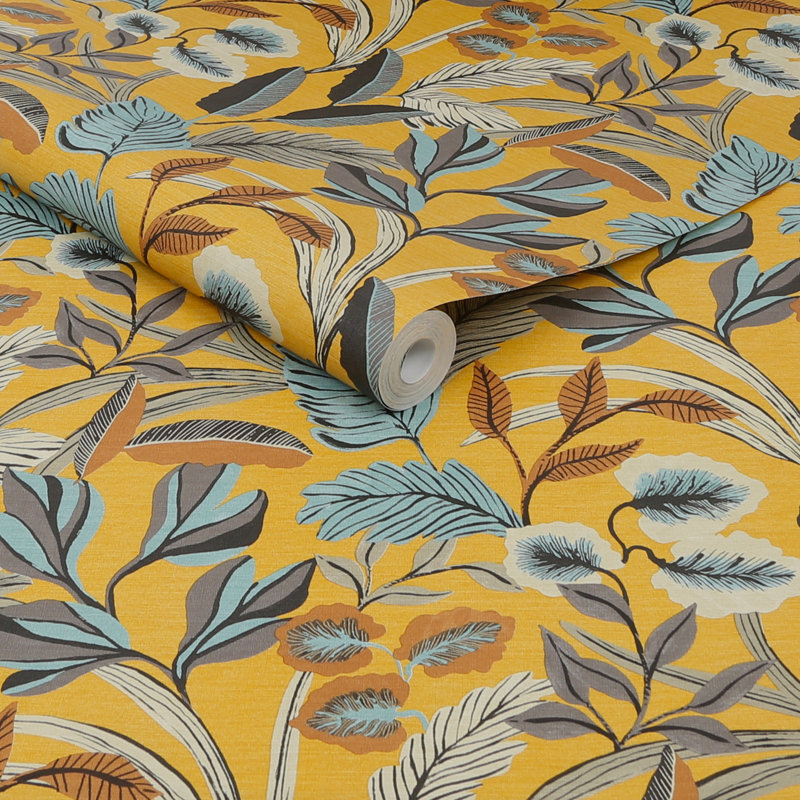 Sublime Floral Vinyl Wallpaper Double Roll, Ochre