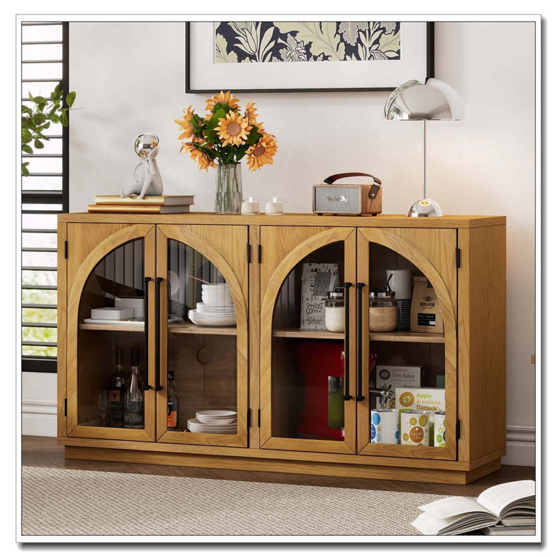 Buffet en verre arqué avec tablettes réglables et placage de chêne, Bois naturel