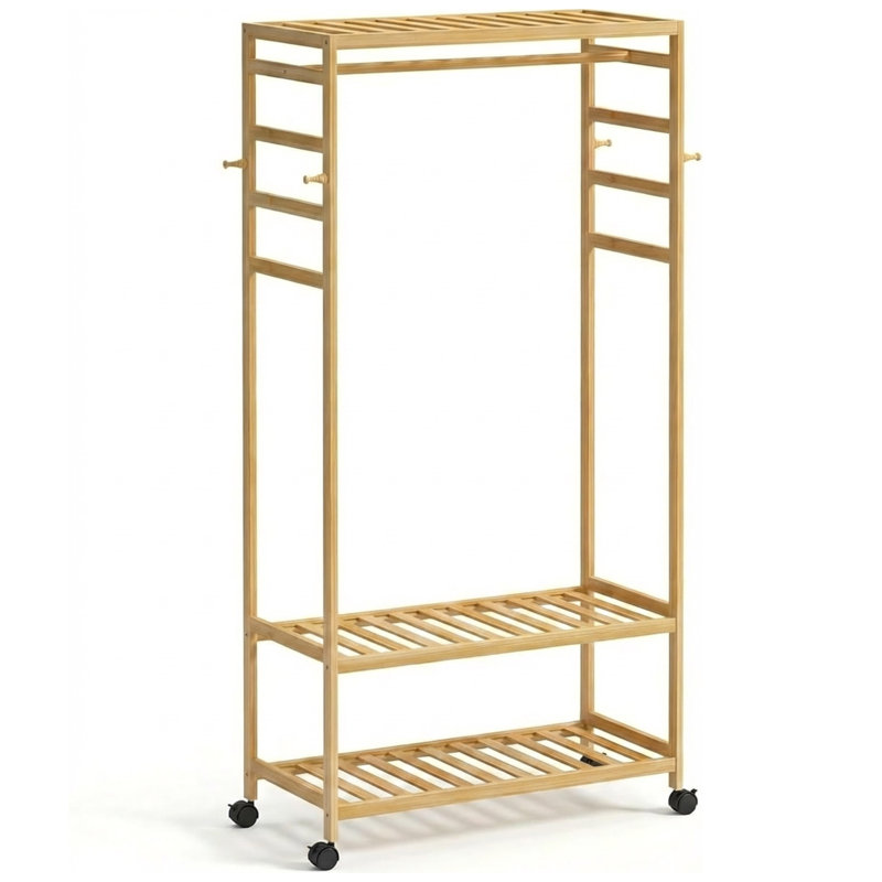 Wooden Clothes Rack | Portable Open Wardrobe with Shoe Storage