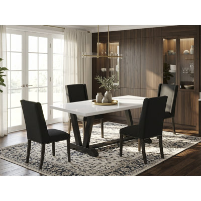 Ensemble de table de cuisine 5 pièces comprenant 4 chaises de salle à manger Parson avec siège à clous rembourrés et dossier de chaise élégant et table de salle à manger rectangulaire avec plateau Jacobean patiné