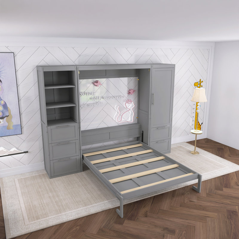 Grand lit escamotable mural gris avec placard, Gris
