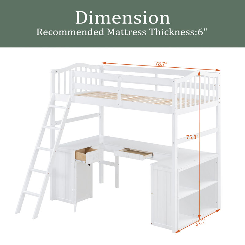 Lit mezzanine simple avec tiroirs, armoire, tablettes et bureau, lit mezzanine en bois avec bureau - blanc
