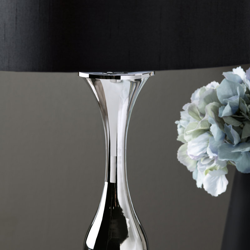Ensemble de 2 lampes de table en métal argenté avec abat-jour tambour en métal et cristal, Argenté / Noir