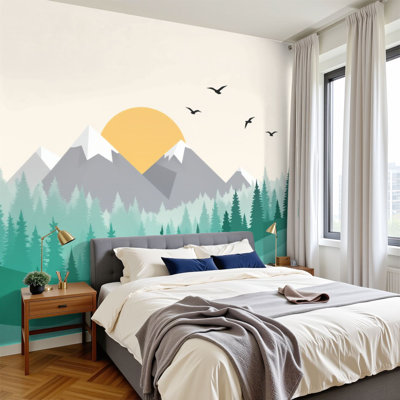 Papier peint adhésif rétro avec paysage de montagne, soleil levant, oiseaux aux tons pastel doux, H 69 po x l 96 po, papier peint amovible en PVC, adhésif mural pour salon de chambre à coucher