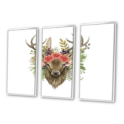 Portrait de cerf avec fleurs - ensemble d'art mural sur toile traditionnel encadré de 3