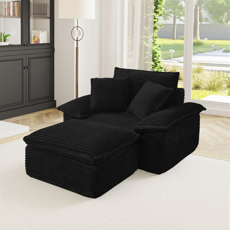 Fauteuil d'appoint surdimensionné 47 po avec repose-pieds en velours côtelé pour salon, Black
