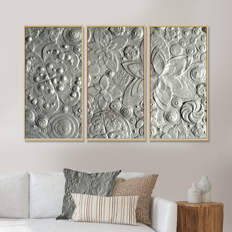 «Silver Flower Embossing», ensemble d'art mural sur toile encadré floral, H 20 po x l 36 po x P 1 po, Cadre brun