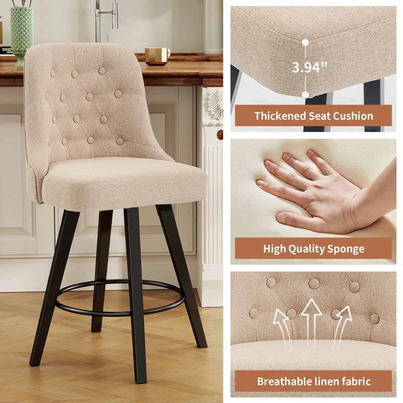 Swivel Bar Stools, 26'' Upholstered Counter Stool with Solid Wood Frame, Beige