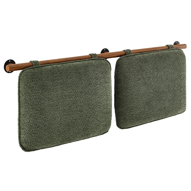 Sage Green Chenille Upholstered Floating Full Headboard with Walnut Bar