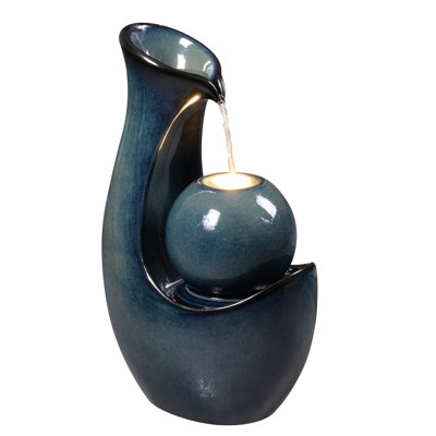 Blue Ceramic Sphere Cascade Fountain, Decorative Water Fountain with LED Lights and Quiet Pump, Indoor Outdoor Water Feature for Patio, Garden, Deck, Balcony, Office and Home Décor, Relaxing Cascading Water Design