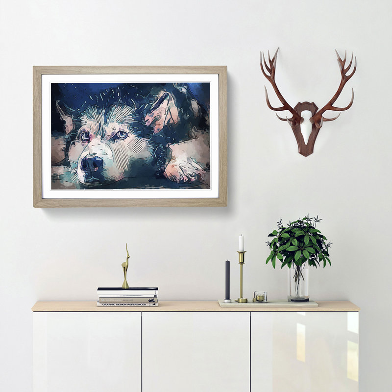A Husky Dog in Abstract - Picture Frame Painting Print, 62cm H x 87cm W x 2cm D, Oak Framed