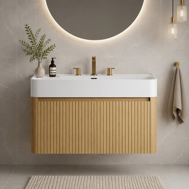 36" Wall Mounted Bathroom Vanity with Solid Surface Integrated Basin and Soft-Close Doors, Glossy White,Golden Oak