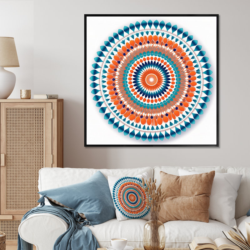 Exquis mandala en rétro bleu et orange sur toile, H 24 po x l 24 po x P 1 po, Cadre flottant noir