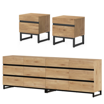 4-Piece Modern Bedroom Furniture Set, 94.5-Inch Dresser With 12 Drawers And 2 Nightstands With 2 Drawers, Bedroom Set Of 4