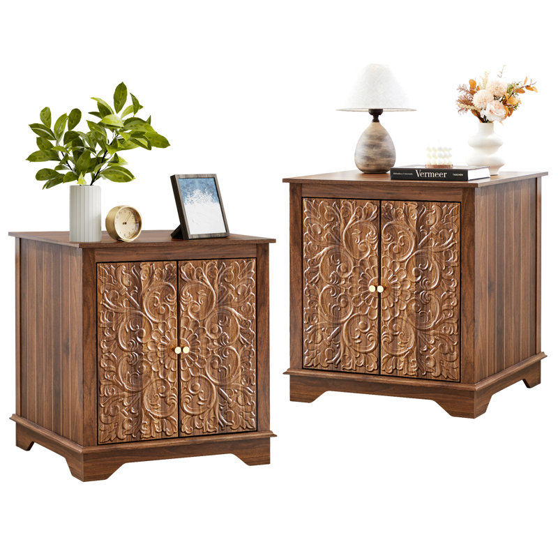Farmhouse 25.59'' Tall Embossed Side Table Cabinet, Walnut
