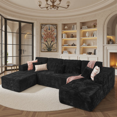 Koyu 6-Person Cloudelle Plush Corduroy Fabric Cloud Sectional With U-Shape Chaise,Modern Modular Sofa With Deep Seat, Upholstered Couch For Living Roo by Mercer41