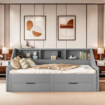 Wooden Daybed With Twin To King Design, Bookcases, Two Drawer And Usb Ports