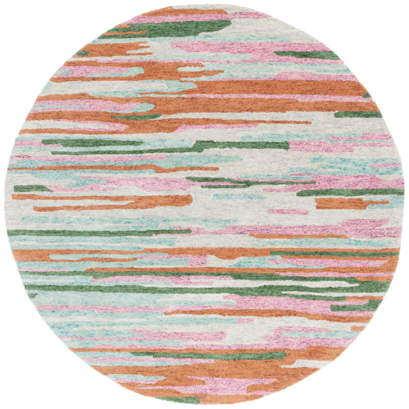 Jhoan Tufted Wool Cotton Performance Abstract Rug in Green/Pink, Round 6'